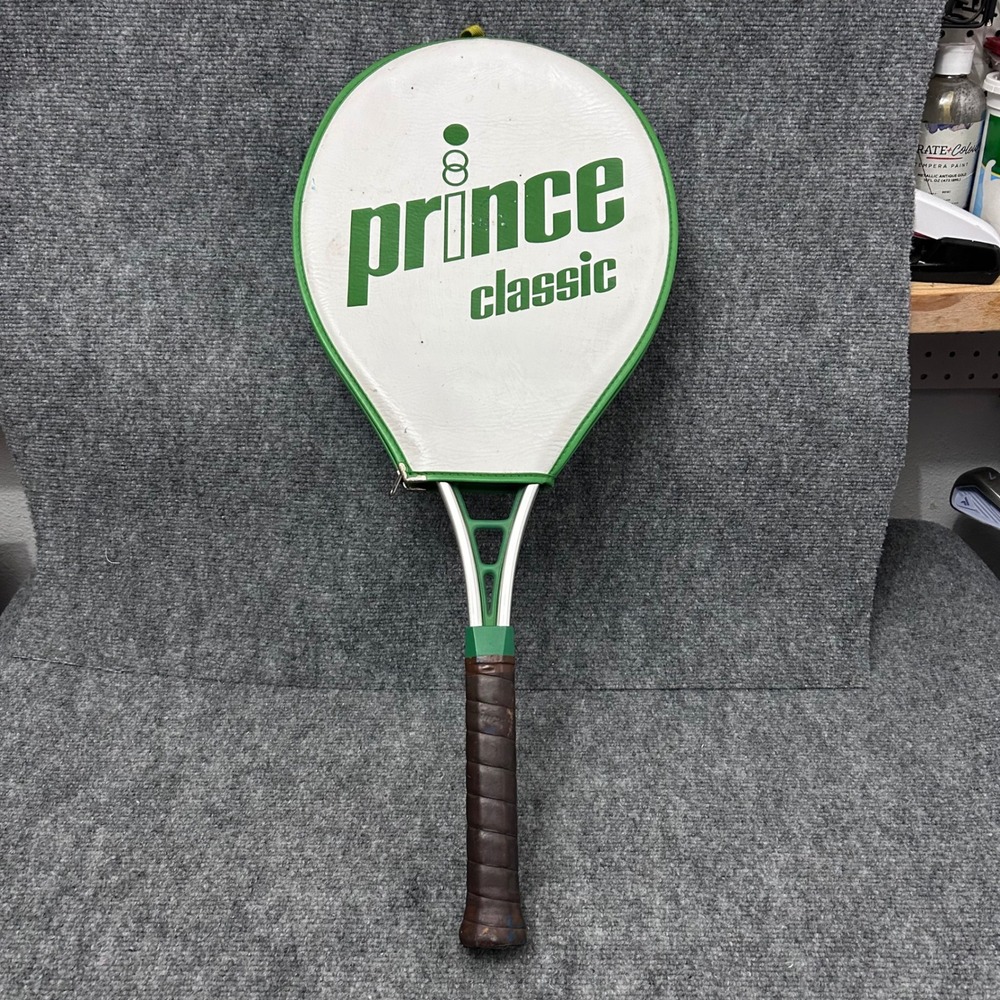 Vintage 1982 Prince Classic Tennis Racquet Silver Green 4 1/8 Grip with Cover